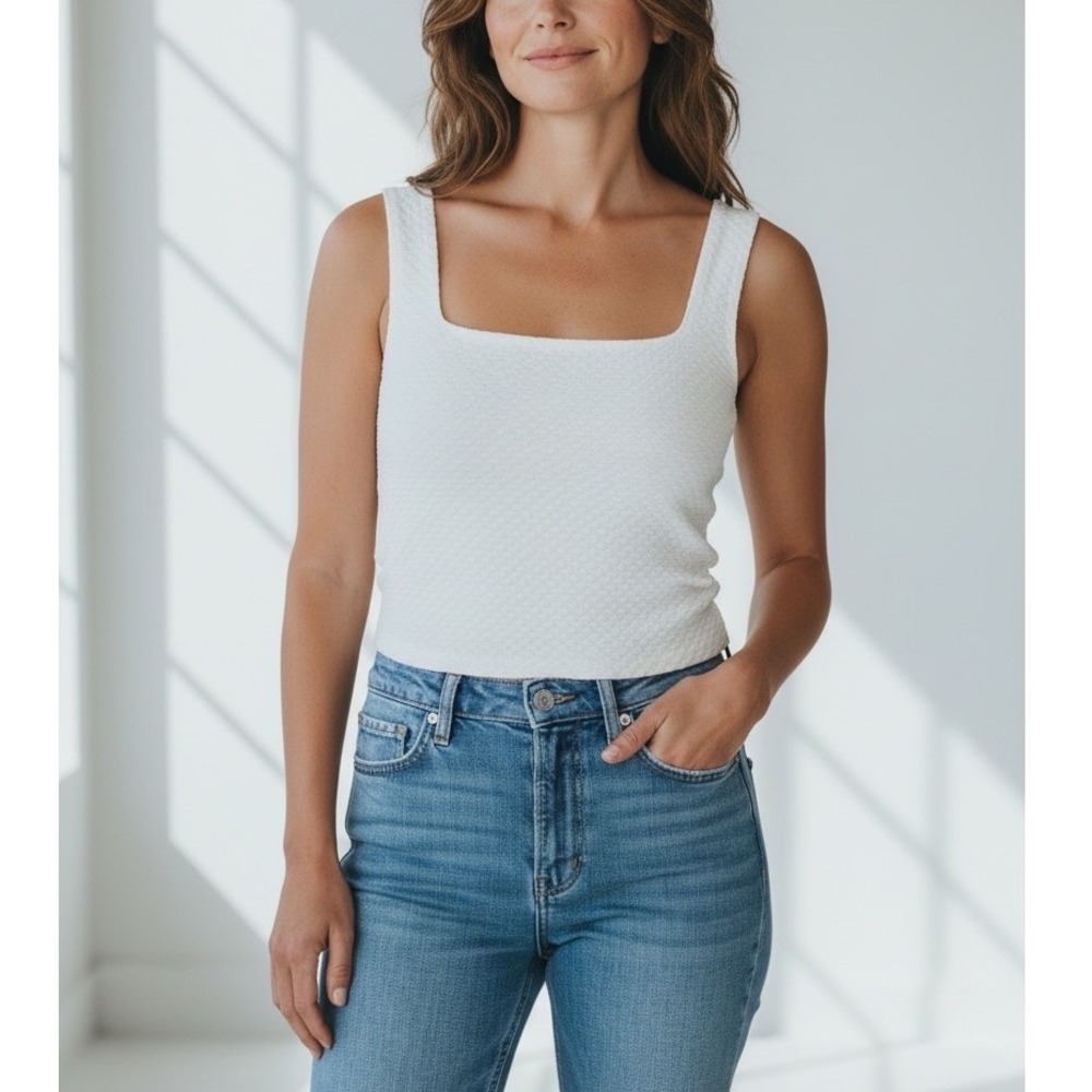 Maeve Anthropologie White Textured Square Neck Tank Top Coastal Minimalist M
